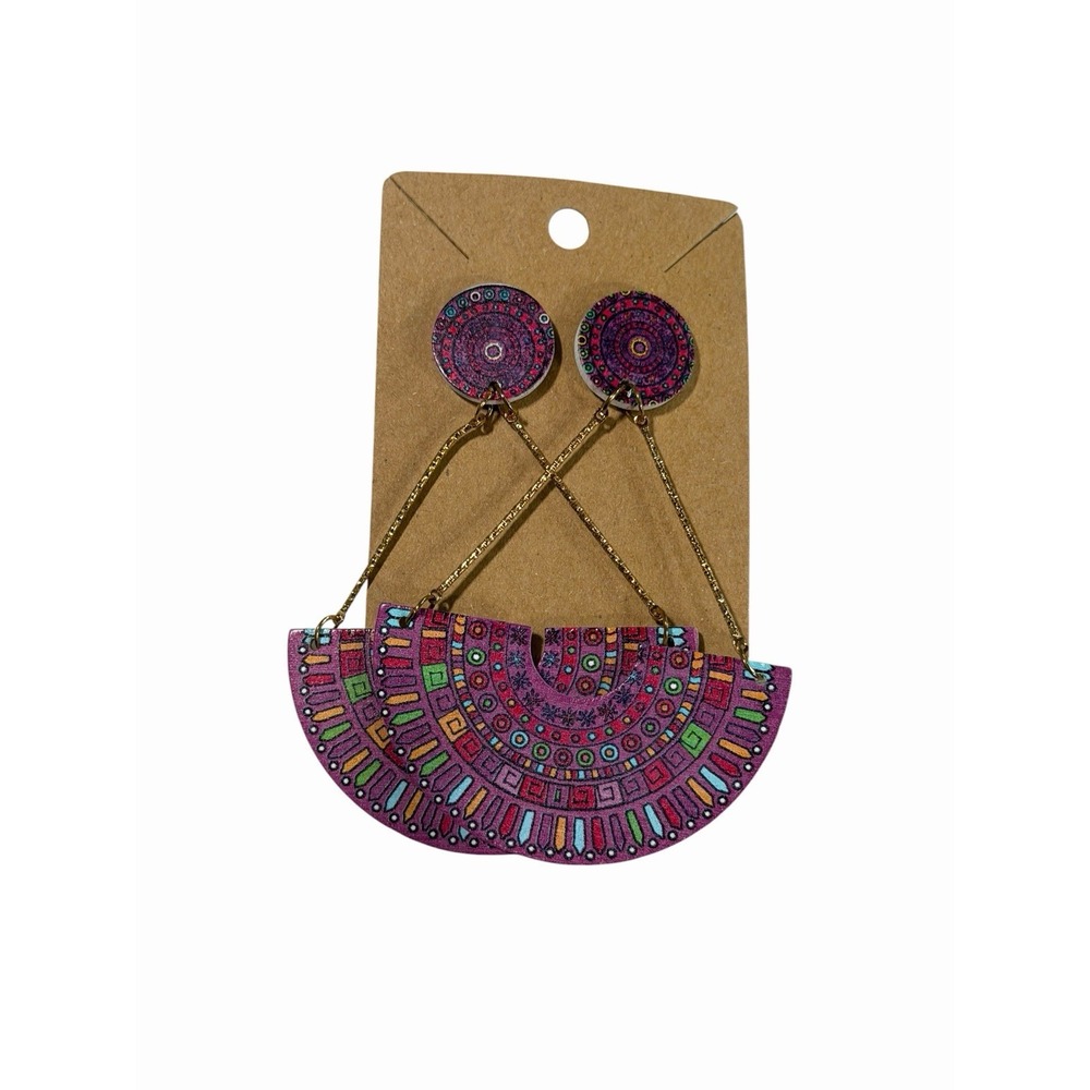 Boho Mandala Geometric Drop Earrings‎ Purple Pink Gold Tone Statement Jewelry